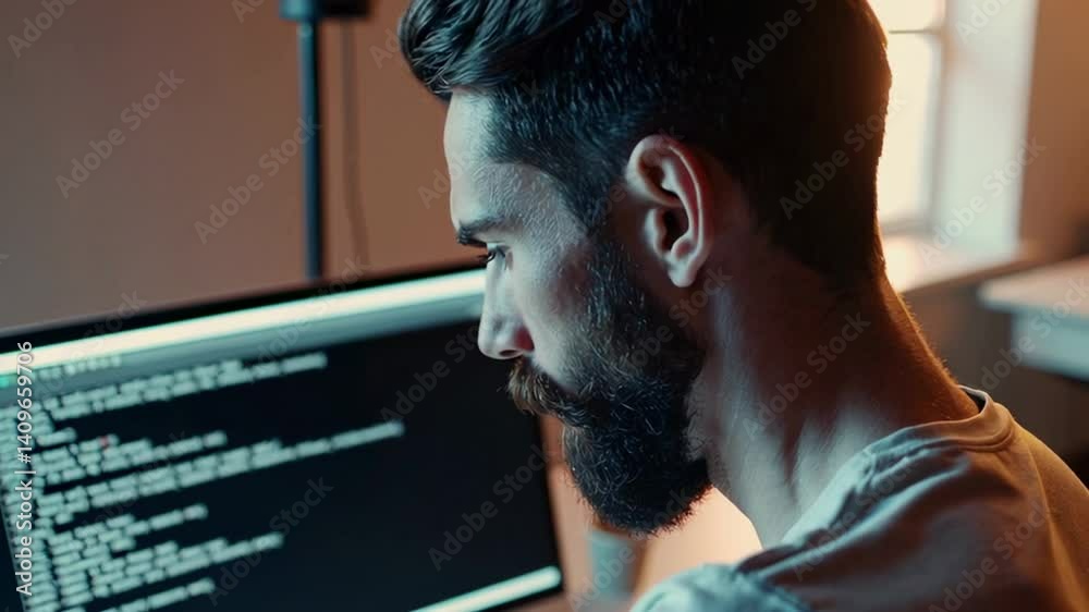 Aufkleber Professional software developer working intensely on complex coding project during late night session in modern office, analyzing source code with deep concentration