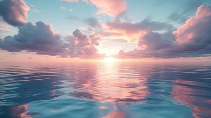 Fototapeta premium Serene ocean horizon under pastel pink and blue sunset sky, wide-angle shot, calm water reflections, tranquil and dreamy seascape 