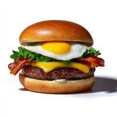 Close up of a burger with egg bacon and cheese on a white surface isoleted on white background