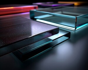 Stacked, translucent glass squares with vibrant, colorful edges, reflecting light