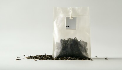 A tea bag with an electronic tag on a white background