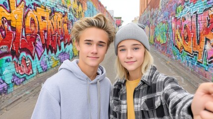 Obraz premium Smiling Teenagers Selfie Urban Graffiti Alleyway Colorful Winter Fashion