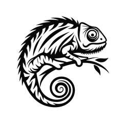 Black and White Chameleon Curled on Branch, Exotic Reptile Silhouette, Tropical Animal