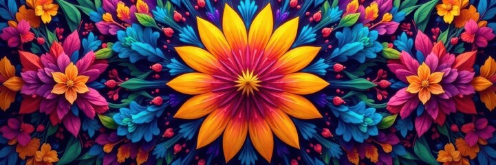 Fototapeta premium Radiating floral motif, intersecting geometric forms, vibrant hues , flowers, fan