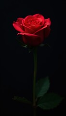 Fototapeta premium Single red rose against dark background, dramatic lighting , macro, passion, moody