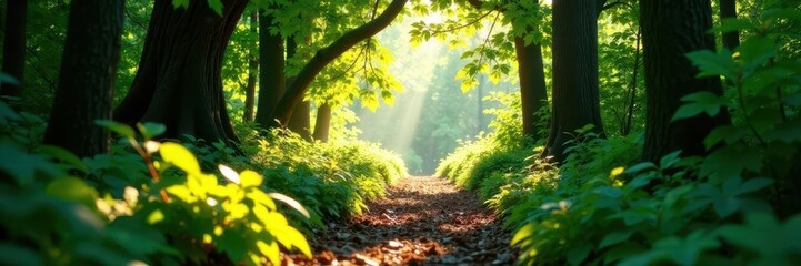 Obraz premium Sun-dappled forest path, overgrown with vines, mossy, high resolution, summer