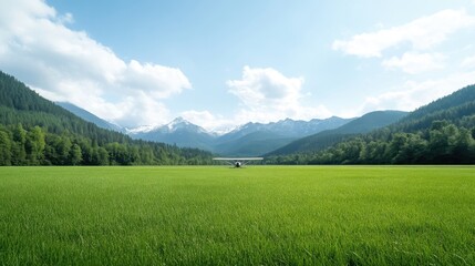 Obraz premium Lush green field stretches to majestic mountains