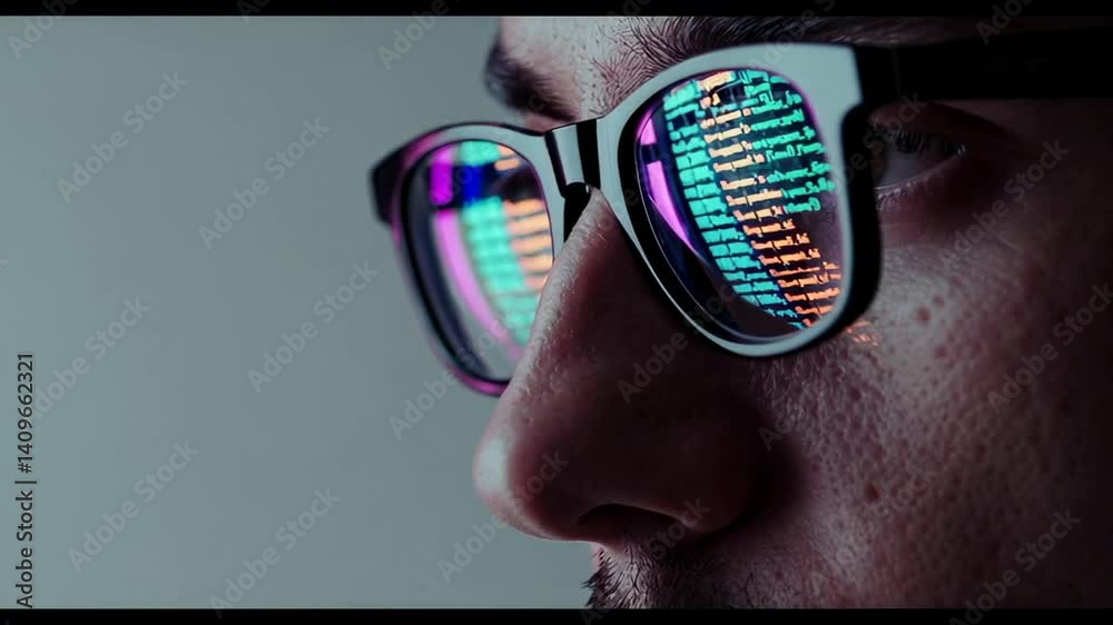 Leinwandbilder Programmer's glasses reflecting vibrant programming code while working intensively on complex software development project, showcasing technological expertise and digital innovation