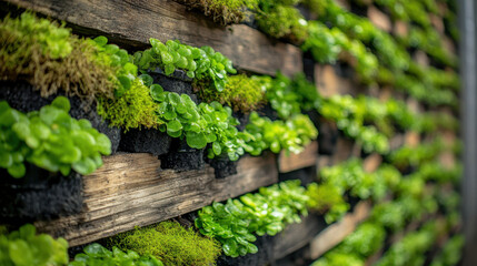 Close-up view of lush green moss and wood textures in a modern sustainable interior designed for eco-friendly living