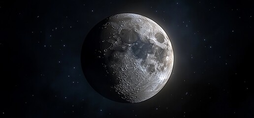 Naklejka premium Full moon view with craters visible, stars shining. Science, astronomy