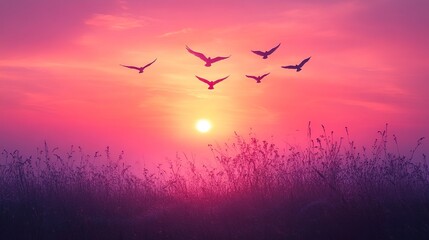 Fototapeta premium Silhouetted birds soaring in pastel-colored dawn sky with glowing sun rays, frontal perspective, serene and uplifting scene 