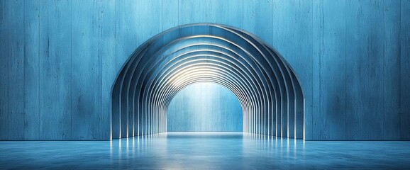 Blue archway tunnel, sleek metal frames, concrete floor