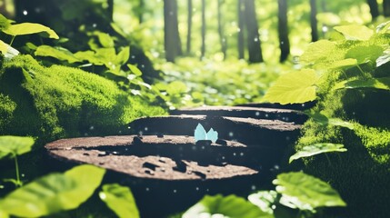 Lush forest path, mystical, mossy steps.  Sunlight filters through canopy, creating a serene and magical ambiance.  