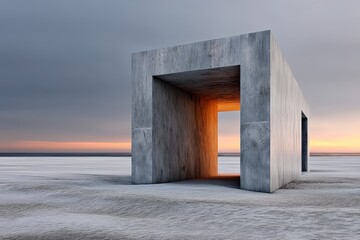 Modern concrete structure stands on a vast, sandy landscape during sunset