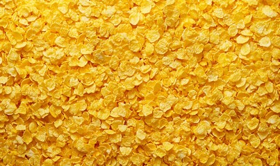 A top view of golden cornflakes, a breakfast scene