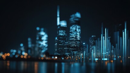 Night Cityscape with Glowing Blue Lights in Financial District