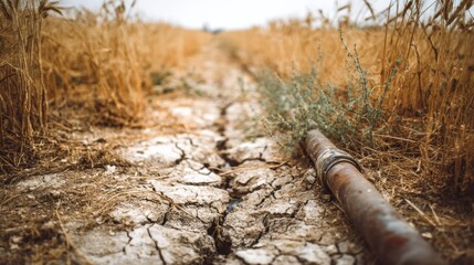 A cracked and dry field with a lone pipe stretching into the distance, symbolizing drought and the challenges of resource scarcity in rural landscapes.