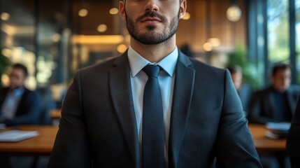 Fototapeta premium Confident businessman seated at meeting, modern office blurred background