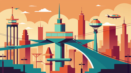 One can traverse the entire city without ever touching the ground thanks to the network of skybridges and air taxis.. Vector illustration