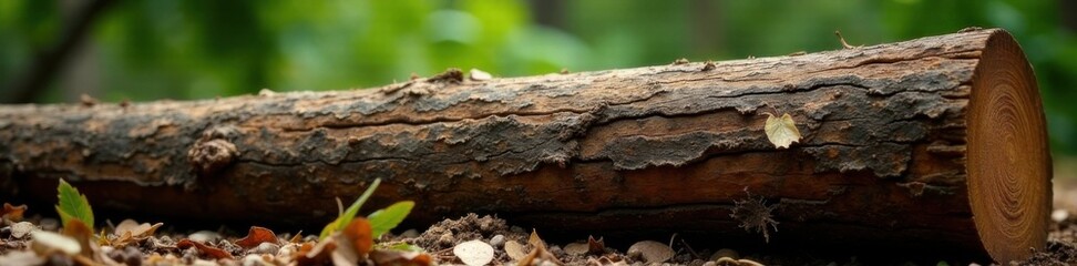 Fototapeta premium Close-up of rough brown wooden log with tree roots, forest landscape, tree roots, wood grain