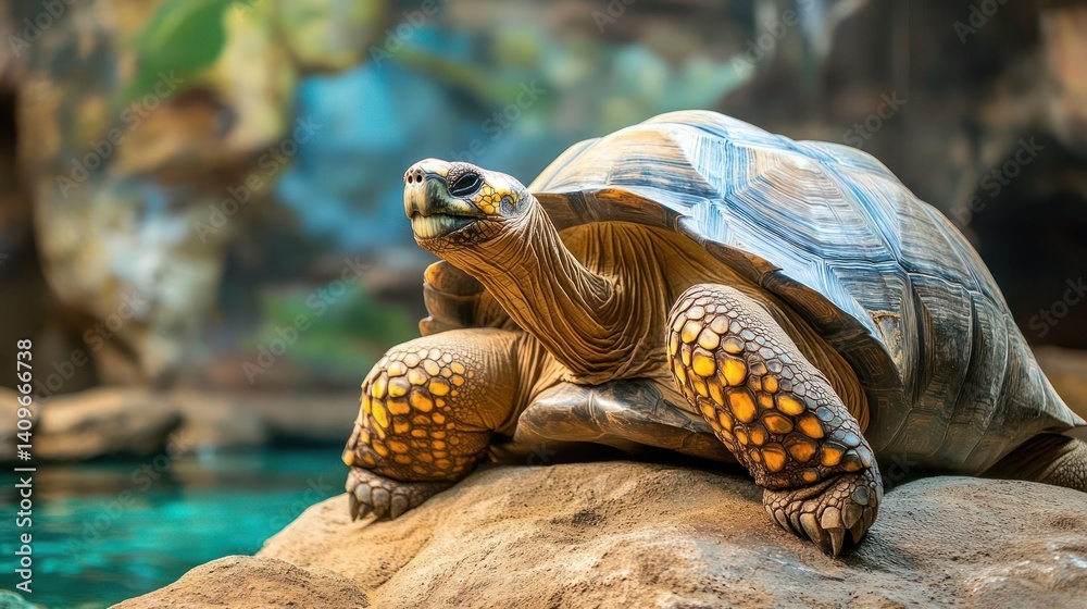 Poster a tortoise, in sharp focus, perches on a textured rock with an out-of-focus background revealing a b