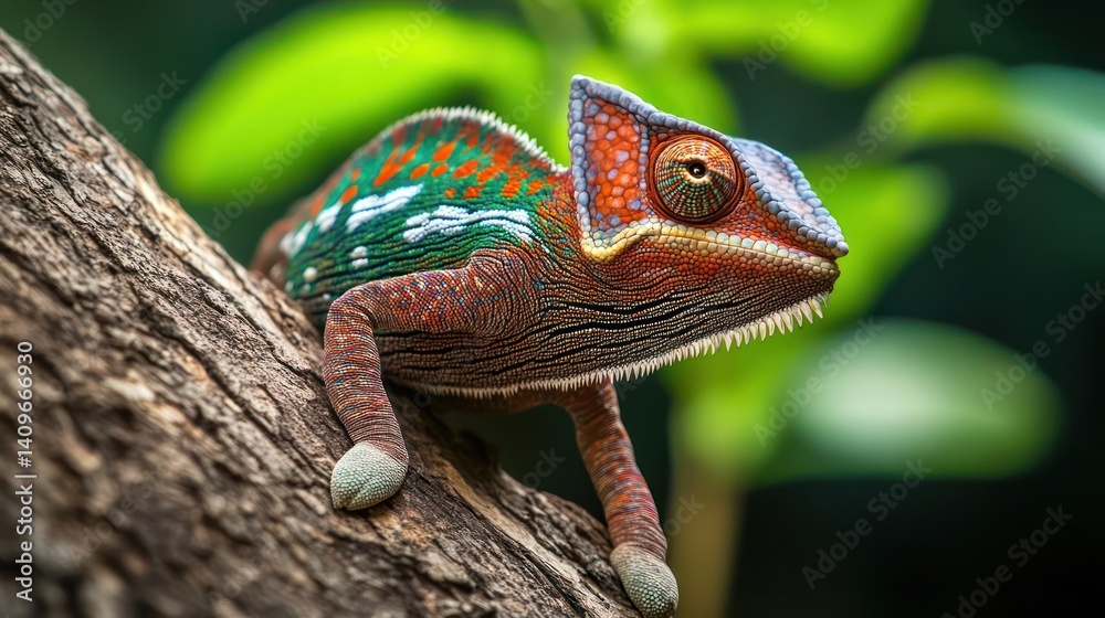 Poster a close-up shot portrays a chameleon perched on a branch, showcasing its vibrant colors and intricat
