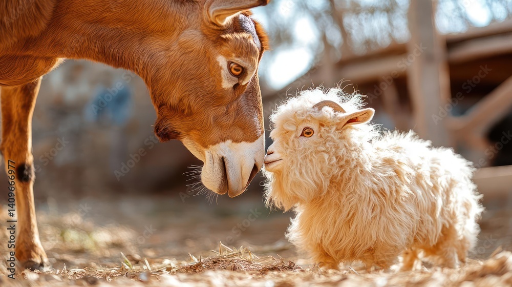 Poster close up of an adult antelope and a fluffy light brown baby goat. the background is an open field an