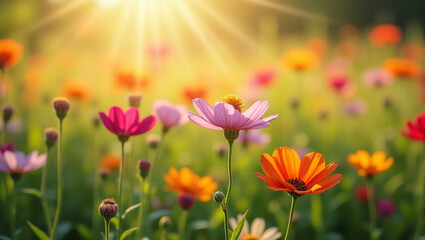 Obraz premium Field of wildflowers. Macro shot of wildflowers showing the texture of petals and pollen grains. Background for summer mood. Colorful flowers in summer.