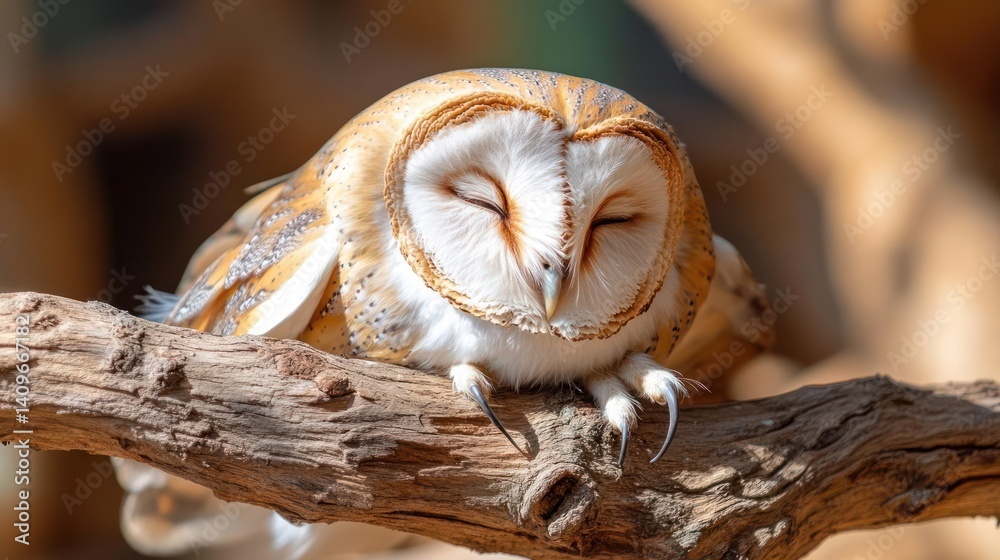 Poster a barn owl with tan and white feathers perched on a branch with eyes closed in sunlight. the image c