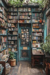 Bookshelves filled with books and plants in a cozy room interior.