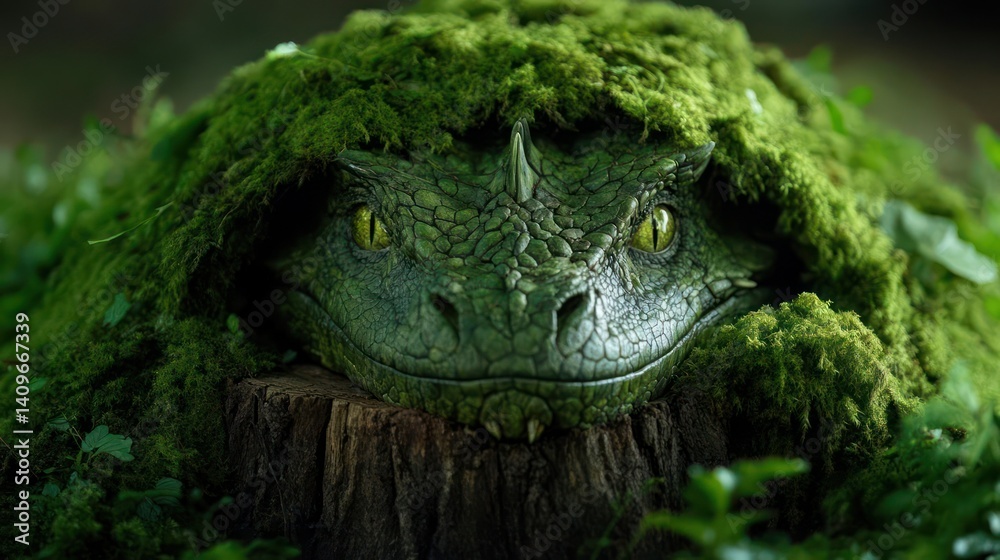 Aufkleber close-up view of a green snake with yellow eyes, perched on a tree stump. the snake is partially cov