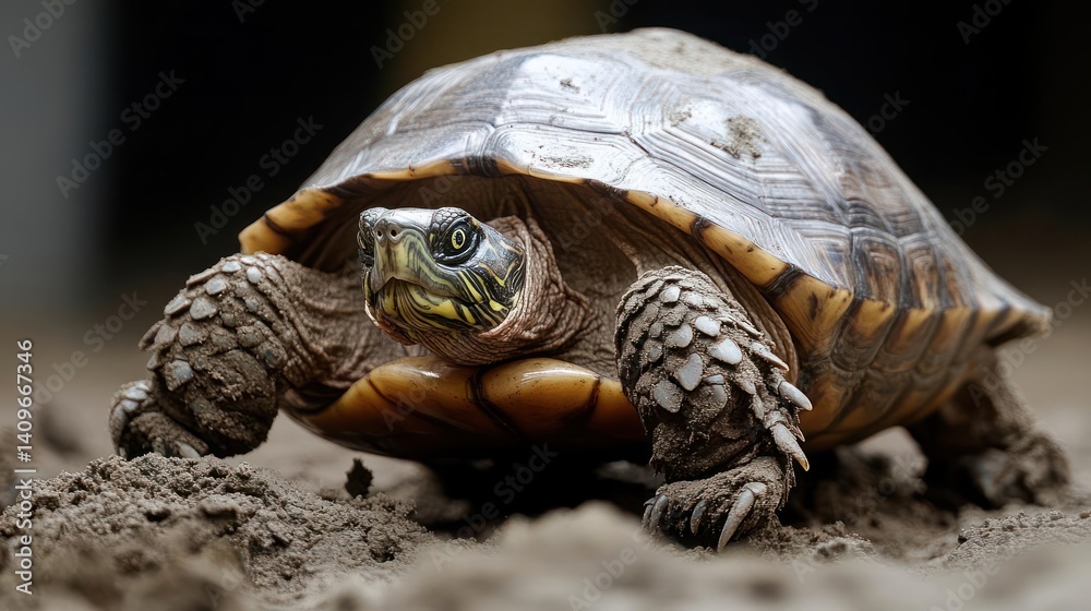 Poster Close-up of a brown turtle covered in sand. The turtle's shell has intricate patterns and textures, and its head and legs are visible. The background is blurred, creating a shallow depth of field
