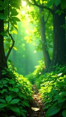 Fototapeta premium Sunlight filtering through lush leaves, vibrant green understory, bark, organic, summer
