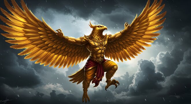 Golden Garuda: Majestic Avian Deity in Dramatic Stormy Sky