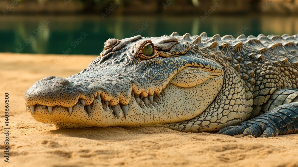 Poster close-up of an alligator on a sandy surface with a blurred greenish background. the alligator's text