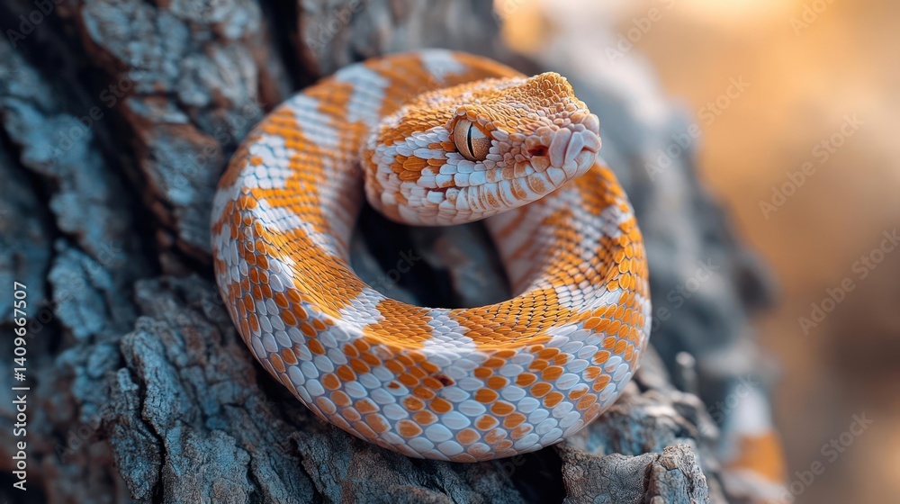 Poster Macro shot featuring a light orange and white snake coiled on textured tree bark, set against a soft, blurred background in warm light, emphasizing detail and natural patterns