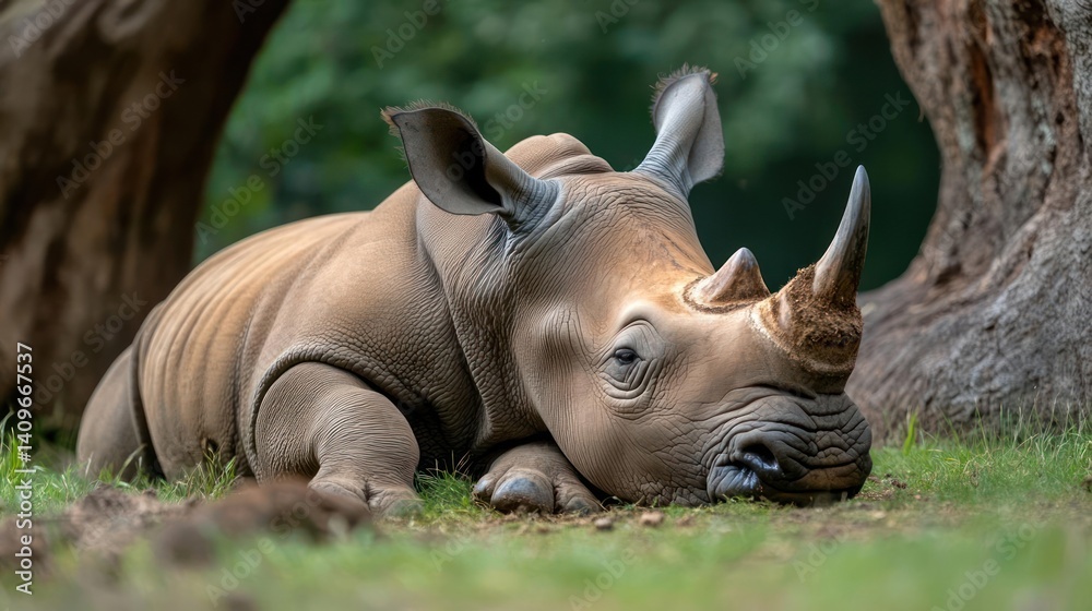 Poster close up of an animal resting on a field of grass in front of a tree. the animal has thick skin and 