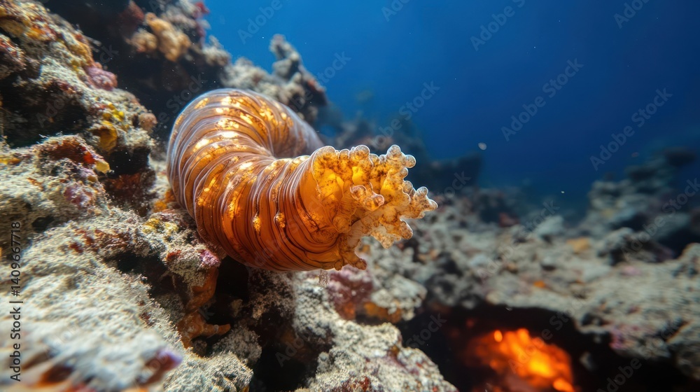 Poster underwater shot features a sea cucumber with an orange and brown pattern crawling on a coral reef. t