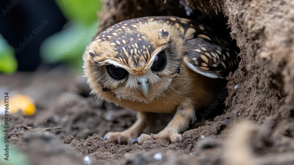 Poster close up of a small burrowing owl, tan and brown with speckled head, emerging from its earthen burro