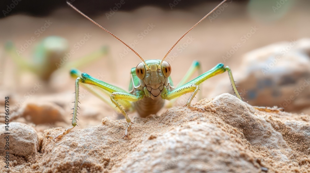 Poster Detailed close-up of a green grasshopper resting on sandy soil. The insect's intricate features are sharply focused against the neutral backdrop. Another grasshopper is visible in the blurred