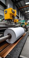 Fototapeta premium High speed printing machine in motion with paper roll, showcasing industrial efficiency and precision