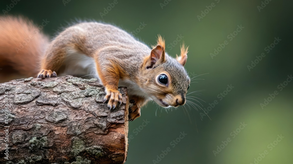 Poster close-up shot of a wet, reddish-brown squirrel perched on a mossy tree branch with a blurred green b
