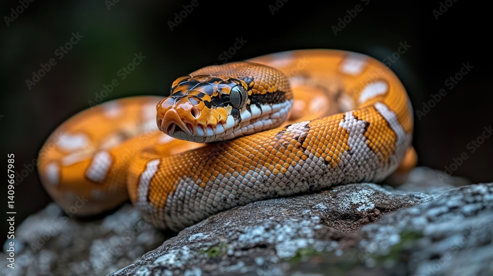 Poster close up of a vibrant orange and white snake coiled on a textured gray rock. the snake's detailed sc