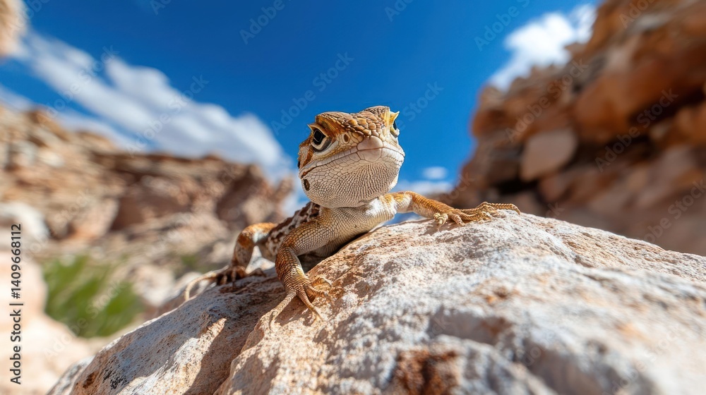 Poster close-up of a small, brown desert lizard perched on a light-colored rock. the lizard faces the camer