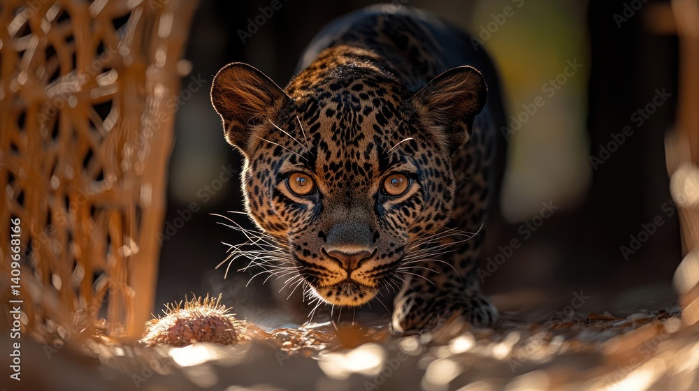 Poster A close-up shot shows a jaguar emerging from a shadowy forest. The scene is captured with warm lighting. The jaguar's intense gaze is highlighted, set against a backdrop of textured natural elements
