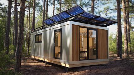 Off-Grid Living: Modern Tiny Home Powered by Solar Panels in Natural Forest