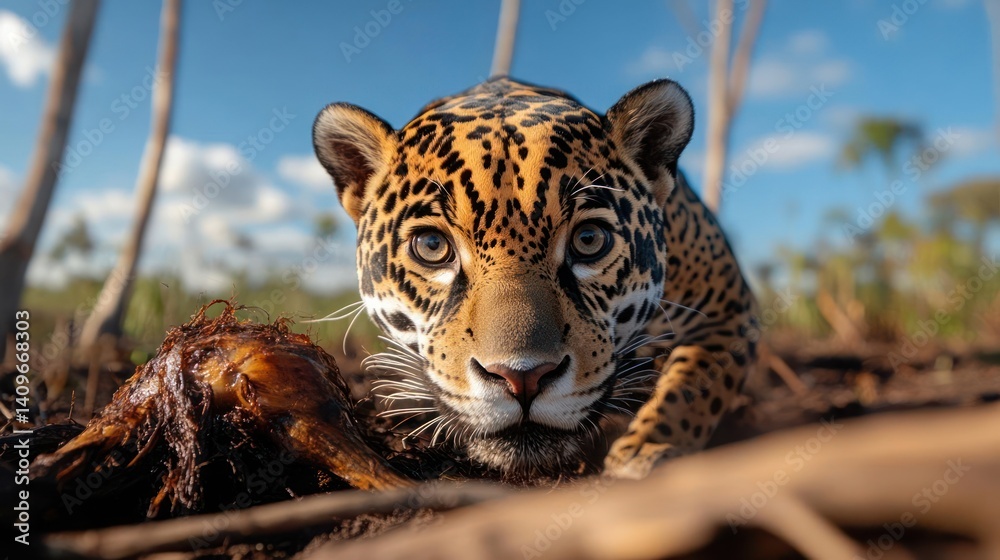 Poster close-up portrait of a jaguar with orange and black spots lying in a forest environment. the jaguar 