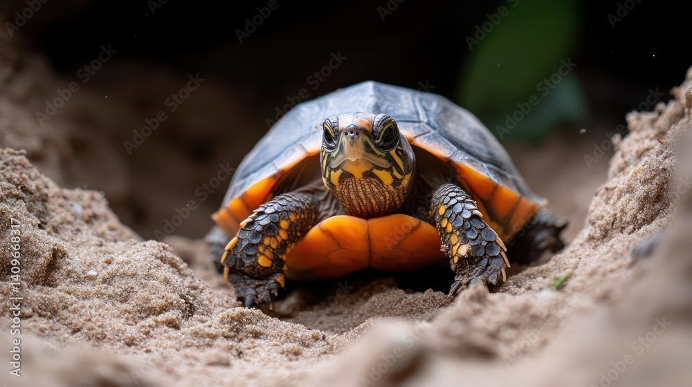 Poster a close-up shot captures a turtle with an orange neck and distinctive yellow markings on its face, e