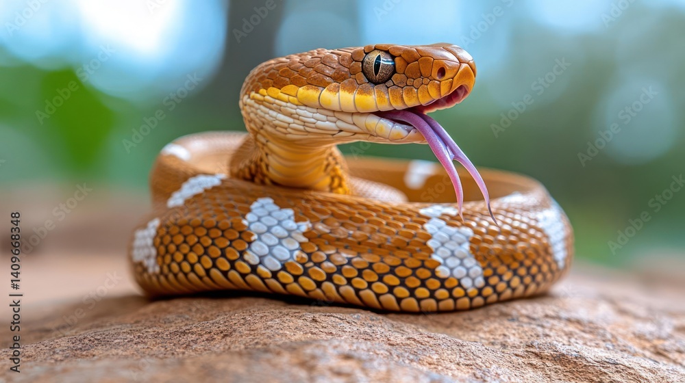 Poster a close-up of an orange snake with its tongue sticking out, coiled on a textured sandy surface again