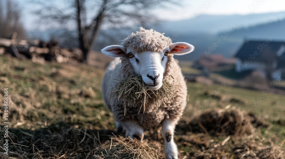 Poster close-up of a white sheep standing on a grassy hillside, with a background featuring distant buildin
